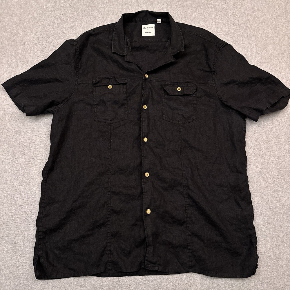 Murano‎ Baird McNutt Linen Button Down Shirt Mens Large Black Short Sleeve Camp